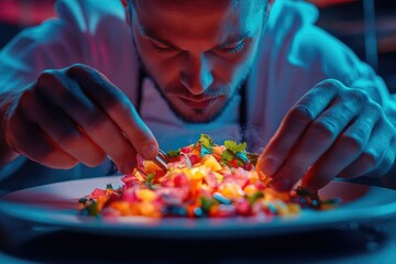 Obraz premium Chef meticulously plates a vibrant fruit salad, showcasing culinary precision and artistry.