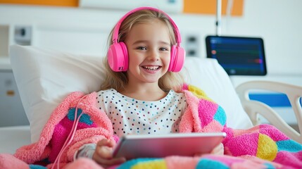 Young girl in a hospital bed is smiling joyfully while listening to music on pink headphones. A colorful blanket covers her as natural light brightens the warm atmosphere around her