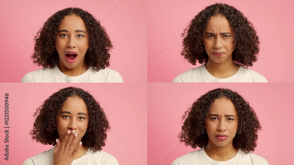 Poster four individuals display various emotional gestures against a pink background, showcasing diversity 