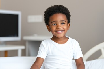 An African American boy around four years old sits on a hospital bed looking at the camera with a cheerful smile. The room is well-lit with light walls and simple decor creating a warm atmosphere