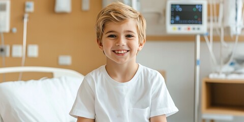 A cheerful Caucasian boy around five years old smiles sweetly as he sits comfortably on his hospital bed. The room is softly illuminated creating a calm inviting environment