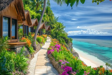 Fototapeta premium Sun-kissed resort on a remote island with crystal-clear waters