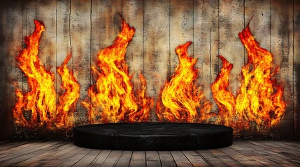 Obraz premium Flames behind pedestal on wooden stage floor