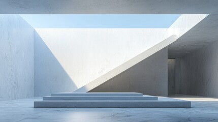 Obraz premium Minimalist white platform, sunlit interior, modern architecture, product display