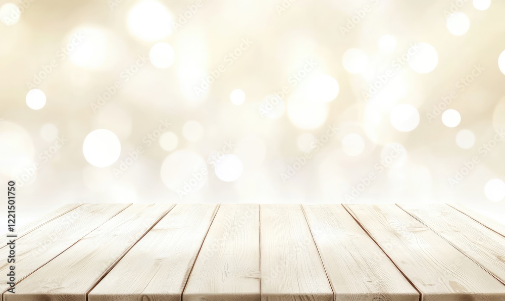 Fototapete light wooden table with a soft golden bokeh background, creating an airy and festive atmosphere. ide