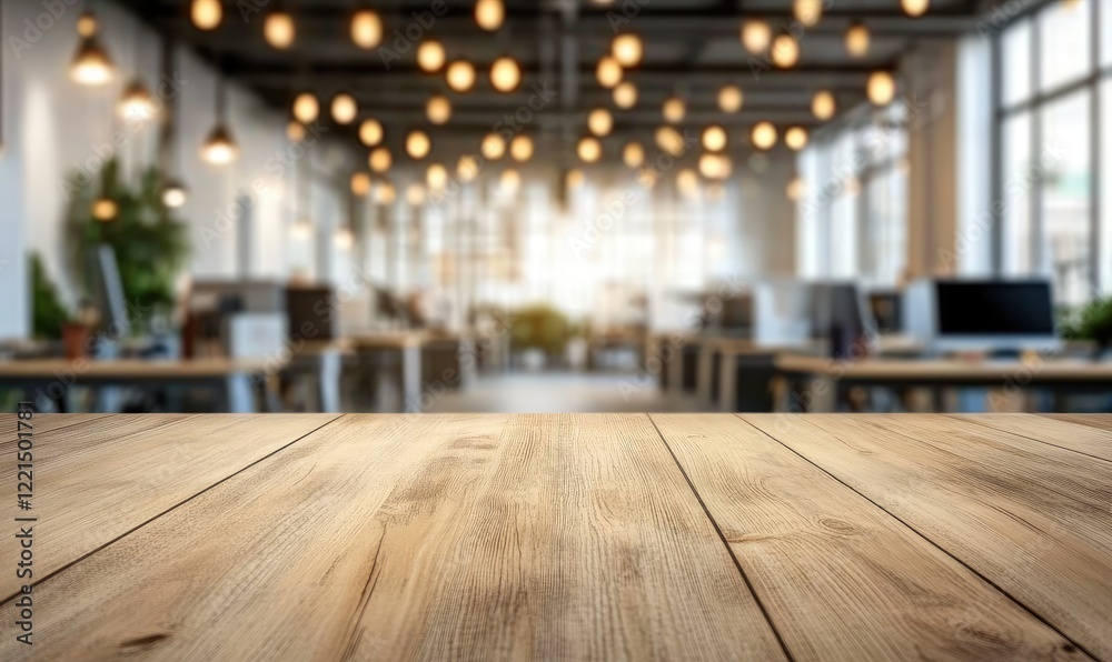 Poster Rustic wooden table in a modern open office setting with warm ambient lighting and blurred desks in the background. Perfect for coworking space promotions, workspace decor, and office-related content
