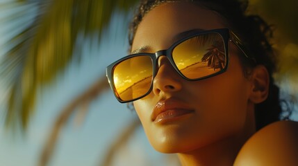 Fototapeta premium Close-up of a beautiful woman lounging on the beach at a luxury resort, wearing chic mirrored sunglasses reflecting swaying palm trees under the sun. 