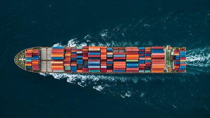 Top-down view of a cargo ship loaded with colorful shipping containers cruising through calm ocean waters, representing freight shipping, export-import business and maritime trade