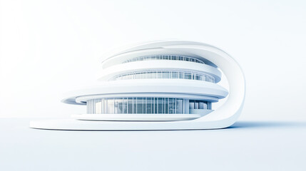 3D illustration of a white circular building with modern geometric architecture, showcasing a futuristic technology design