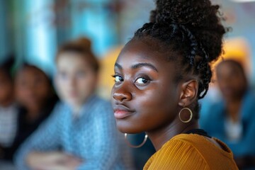 Fototapeta premium Young African American Woman Participating in Collaborative Office Meeting
