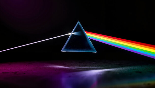 Vibrant light beams through triangular prism on dark background, photonics