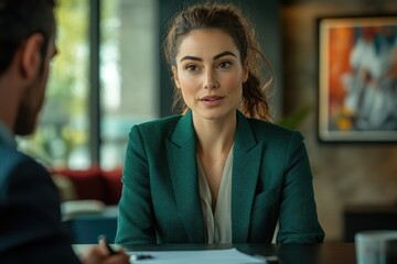 Fototapeta premium Confident businesswoman in a green blazer attentively listens during a meeting, showcasing professionalism and engagement.
