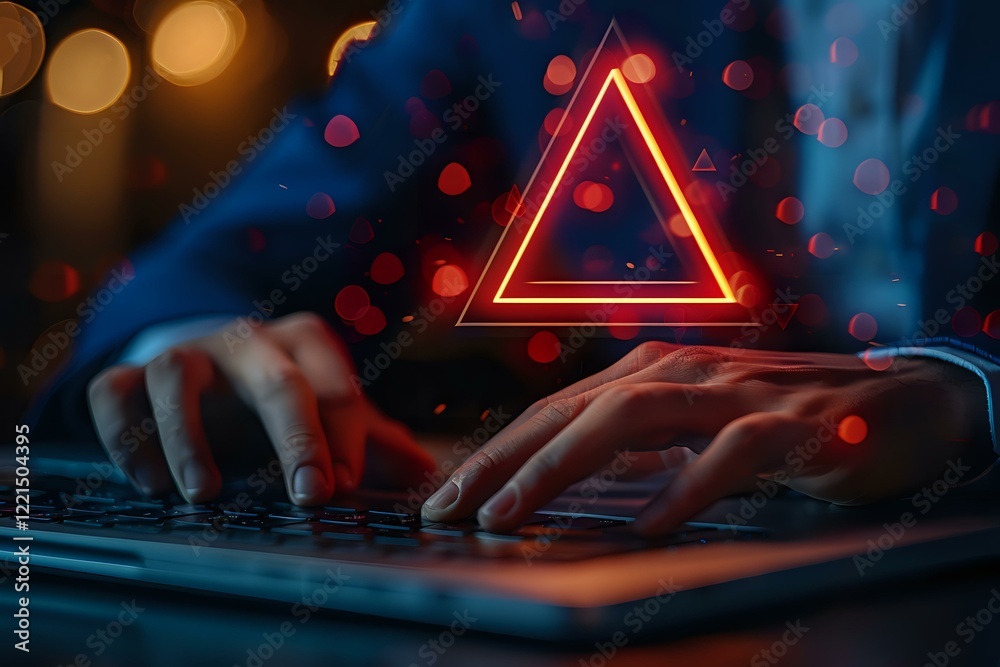 Poster glowing red neon triangle floating above hands typing on keyboard in dark room with bokeh lights, pe