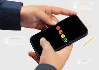 Giving Rating on the smartphone Screen concept background with man using it, floating shapes and stars. Reactions on the mobile screen, reviews and ratings on the business