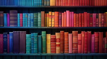 Obraz premium Colorful vintage hardcover books arranged on wooden shelves creating rainbow spectrum effect, perfect for education, library, knowledge and literature concepts.