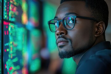 A focused young man with glasses intently observes a vibrant data stream on a large screen.