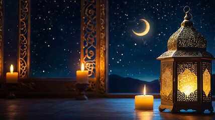Christmas lanterns and tree under the starry night sky with festive lights and snow
