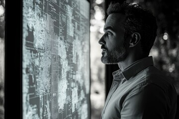 A man contemplatively observes a large screen displaying complex data patterns, possibly code or system architecture.