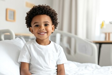 A joyful African American boy about four years old sits on his hospital bed looking at the camera with a cheerful smile. The well-lit room features simple decor and ample copy space