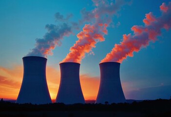 Cooling towers emit colorful steam at sunset, contrasting the vibrant sky with industrial silhouettes.