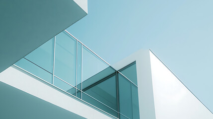 Fototapeta premium Modern architecture, glass balcony, white building, blue sky.