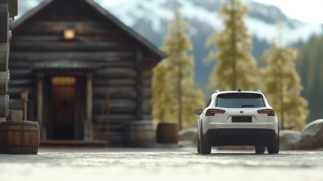 White suv parked on dusty dirt road near wooden cabin, mountain range and pine trees looming in background, embodying wilderness adventure