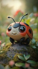 Naklejka premium Curious and colorful ladybug insect exploring and crawling on lush mossy leaves in a natural outdoor environment