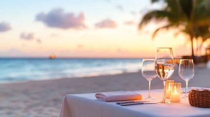 A romantic beach setting at sunset features elegantly arranged tableware, sparkling glasses, and a warm candle, creating a perfect ambiance for a seaside dining experience.