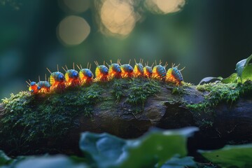 Naklejka premium A row of vibrant, iridescent caterpillars crawl on a moss-covered log in a forest.