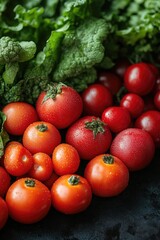 A basket filled with fresh tomatoes, broccoli, and other vegetables