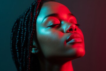 A close-up portrait vividly captures a striking face using bold lighting and shadows, emphasizing...