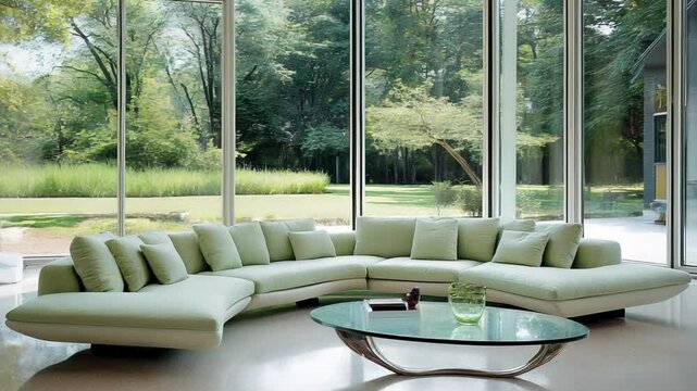 Levanto living room with mint sectional and meadow view
