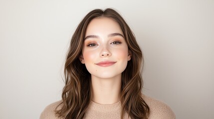 Fototapeta premium A young woman with long brown hair smiles warmly at the camera, exuding a sense of joy and confidence. Her natural makeup enhances her features against a soft, neutral background.