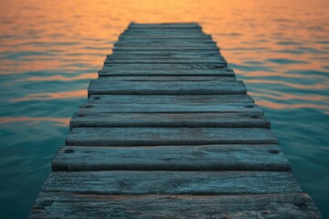 Fototapeta premium Wooden pier extending into calm water at sunset, peaceful and serene.