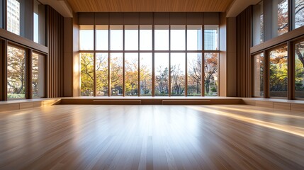 Obraz premium A spacious and modern interior with large windows allowing natural light to flood in. The wooden flooring adds warmth to the open environment, perfect for various activities.