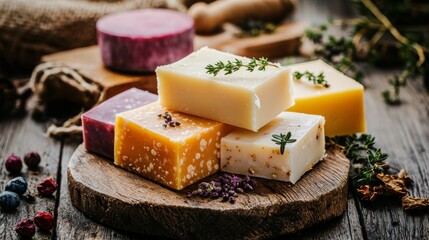 Assorted Cheeses with Herbs and Berries on Wooden Board