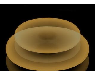 abstract round 3d circular spool shape with holographic lid. on socket. could be button top, for product display. gold gradient, platform in dark brown., smooth and elegant