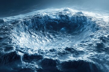 A vast, icy crater dominates a surreal, alien landscape, evoking a sense of mystery and cold isolation.