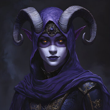 Female tiefling with dark purple skin, curved ram's horns. Wearing a porcelin white mask that covers her face, and only the soft glow of amber eyes can be seen underneath. 
