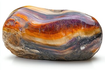 Polished gemstone showing vibrant orange, purple, and brown layers, exhibiting captivating natural patterns.