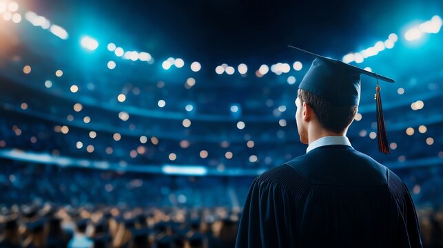 A proud graduate stands in a crowded stadium, looking towards a bright future. The atmosphere is filled with excitement and anticipation, marking a significant life achievement.