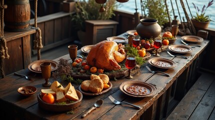 Naklejka premium Rustic pirate table set with feast on an old wooden ship deck