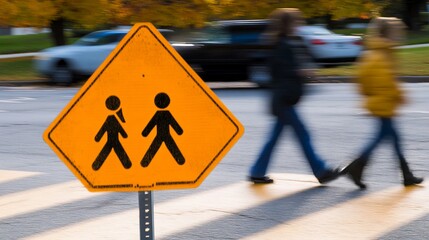 Blurred pedestrians crossing at a school crossing sign