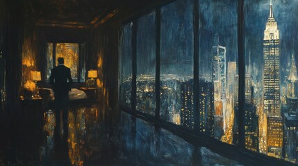 City skyline at night viewed from a luxurious hotel room with reflections and soft lighting. Generative AI
