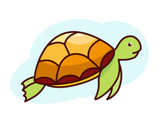 Vector sea turtle, icon with outline in cartoon flat style, illustration of swimming turtle for kids
