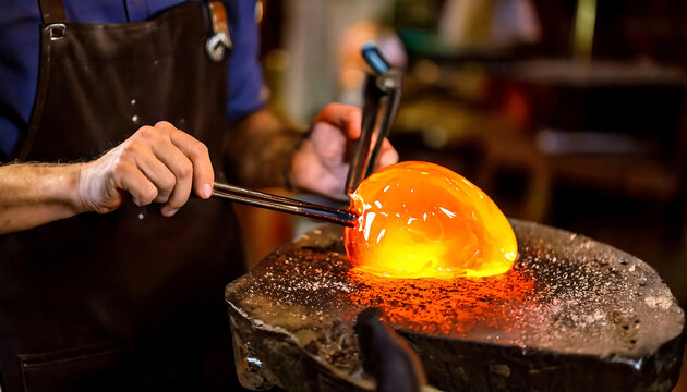Close-up of a glassblower's hands expertly shaping molten glass with tools. The fiery orange glow of the hot glass contrasts beautifully with the dark workshop background.