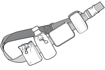 bum bag with water bottle holder flat sketch vector illustration multi-purpose bag cad drawing template	
