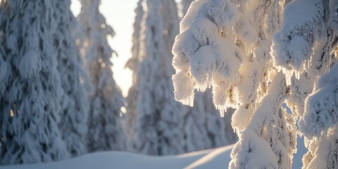 A single snow-covered tree stands tall amidst the winter forest scenery