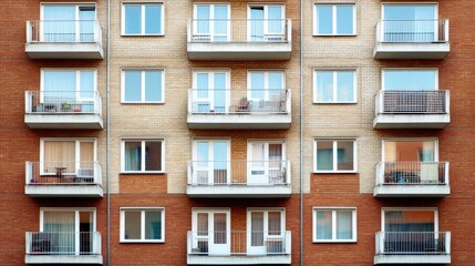 Naklejka premium Affordable Tan Brick Apartments for Low-Income Residents in Economic Housing Development