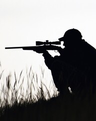 Dynamic Hunter Silhouette in Action with Dog, Binoculars, and Nature Elements